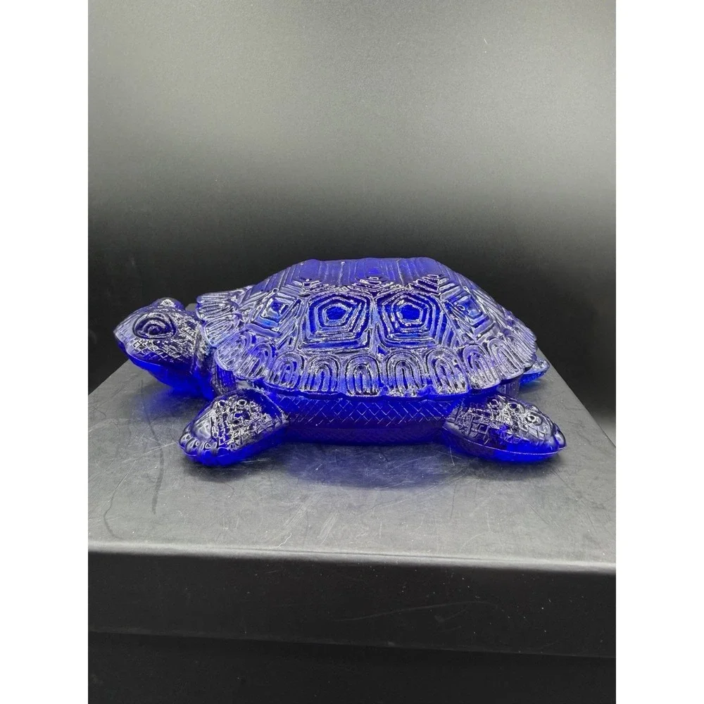 Vintage Cobalt Blue Presser Glass Turtle Trinket Box/ Ring Dish